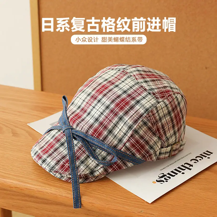 Japanese Plaid Bow Forward Hat for Girls Vintage Style - Image 3