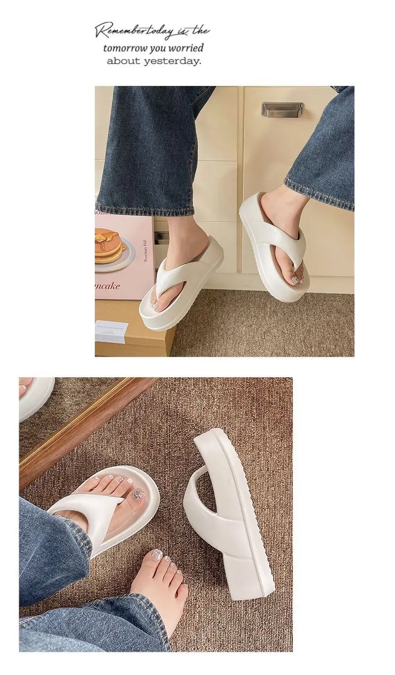 Thick-soled flip-flops for women's summer outdoor wear feeling of stepping on excrement increased fashion Joker soft-soled beach flip-flops batch — feature 5