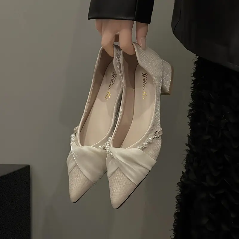 High Heels for Women 2025 Summer New Style Pointed Toe Thick Heel Fashionable Cut Out Gentle Pearl Bow Shallow Mouth Flats - Image 4