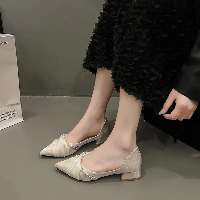 High Heels for Women 2025 Summer New Style Pointed Toe Thick Heel Fashionable Cut Out Gentle Pearl Bow Shallow Mouth Flats - Image 5