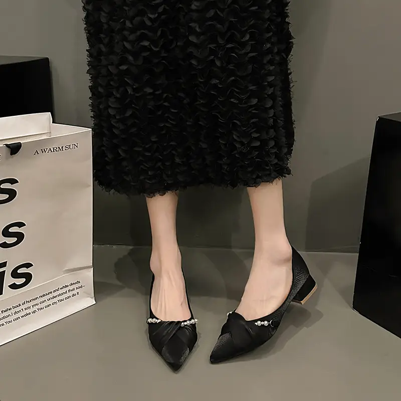 High Heels for Women 2025 Summer New Style Pointed Toe Thick Heel Fashionable Cut Out Gentle Pearl Bow Shallow Mouth Flats - Image 6