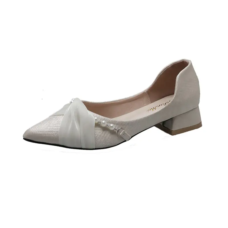 High Heels for Women 2025 Summer New Style Pointed Toe Thick Heel Fashionable Cut Out Gentle Pearl Bow Shallow Mouth Flats - Image 7