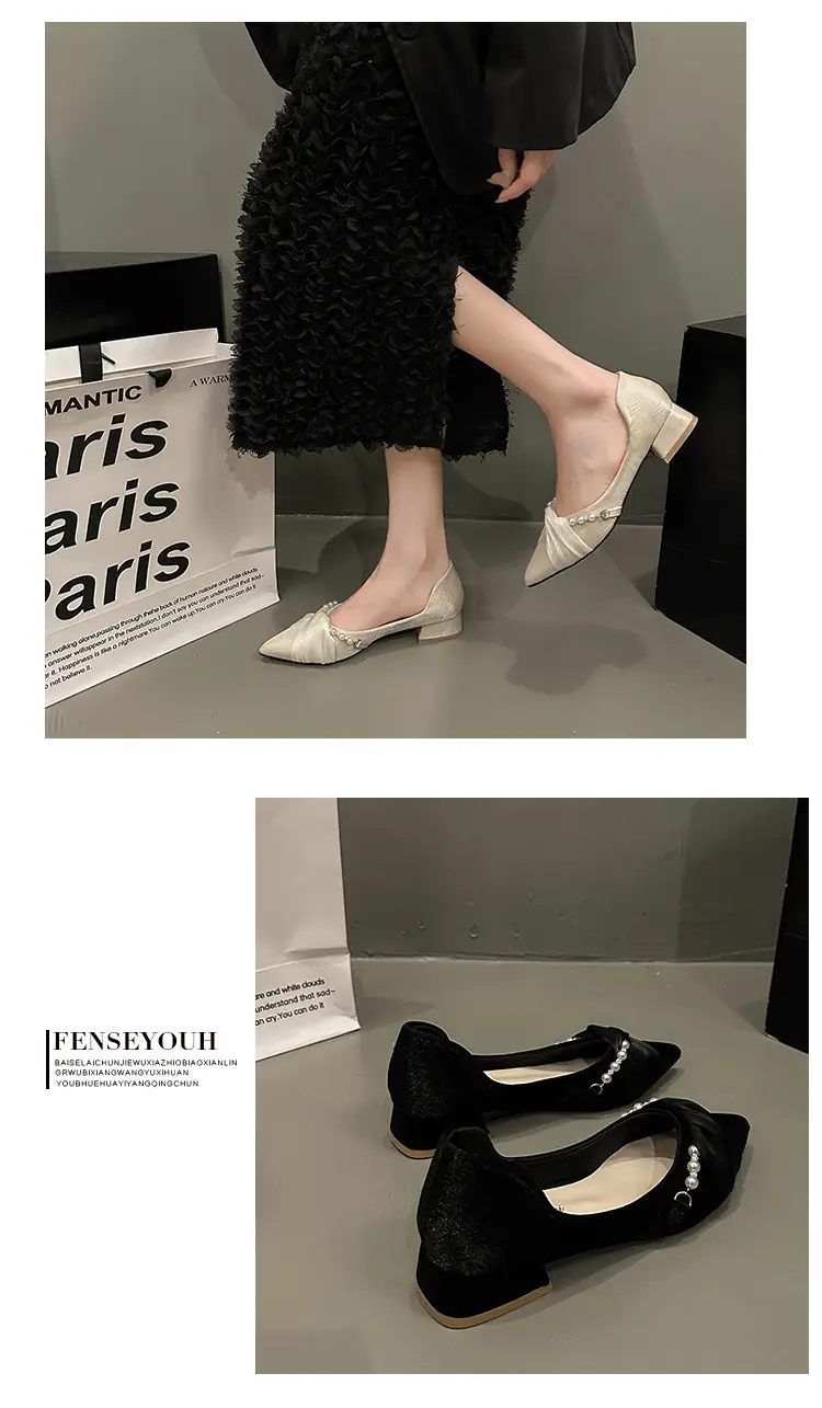 High Heels for Women 2025 Summer New Style Pointed Toe Thick Heel Fashionable Cut Out Gentle Pearl Bow Shallow Mouth Flats — feature 10