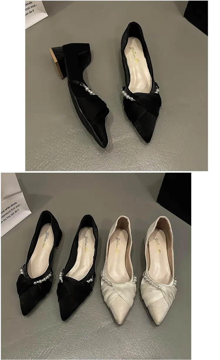 High Heels for Women 2025 Summer New Style Pointed Toe Thick Heel Fashionable Cut Out Gentle Pearl Bow Shallow Mouth Flats — feature 11