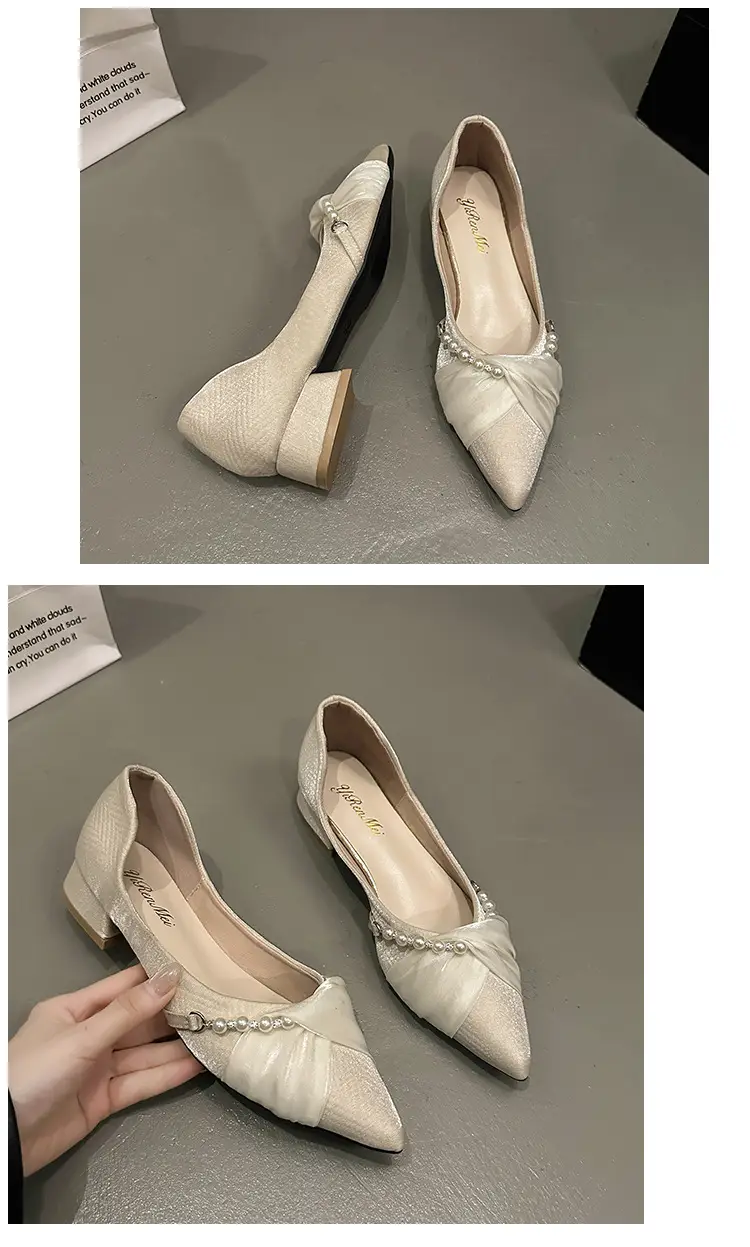 High Heels for Women 2025 Summer New Style Pointed Toe Thick Heel Fashionable Cut Out Gentle Pearl Bow Shallow Mouth Flats — feature 12