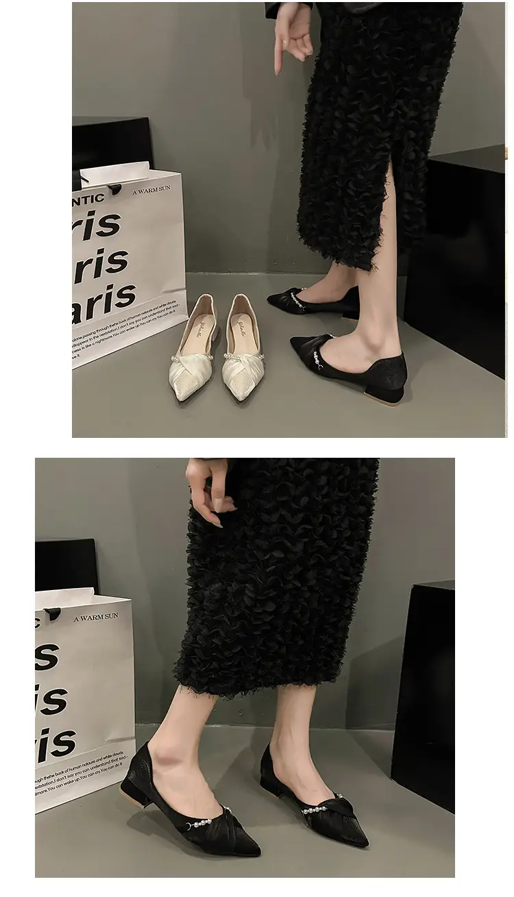 High Heels for Women 2025 Summer New Style Pointed Toe Thick Heel Fashionable Cut Out Gentle Pearl Bow Shallow Mouth Flats — feature 3