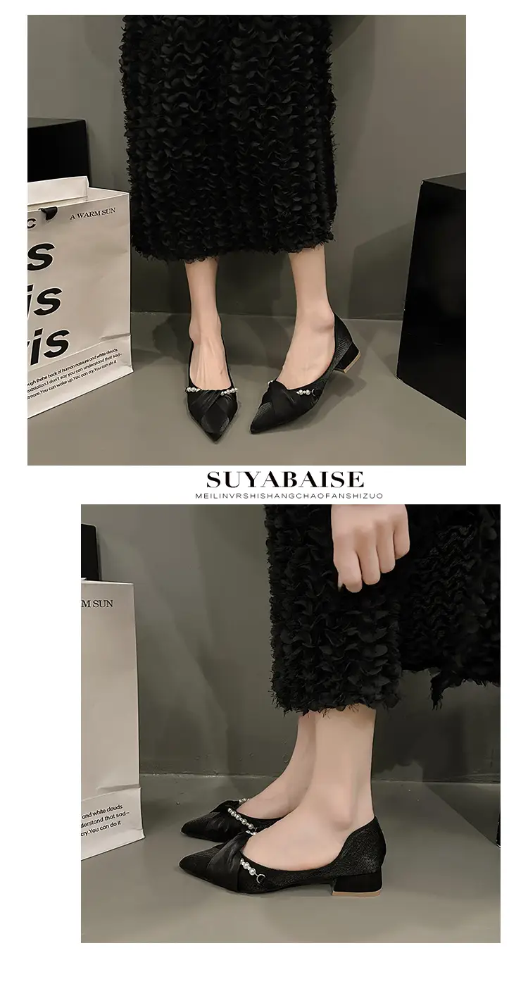 High Heels for Women 2025 Summer New Style Pointed Toe Thick Heel Fashionable Cut Out Gentle Pearl Bow Shallow Mouth Flats — feature 4