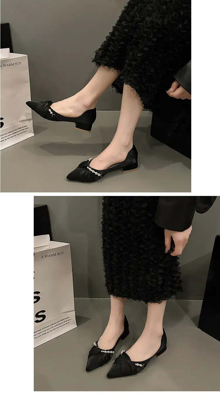 High Heels for Women 2025 Summer New Style Pointed Toe Thick Heel Fashionable Cut Out Gentle Pearl Bow Shallow Mouth Flats — feature 5