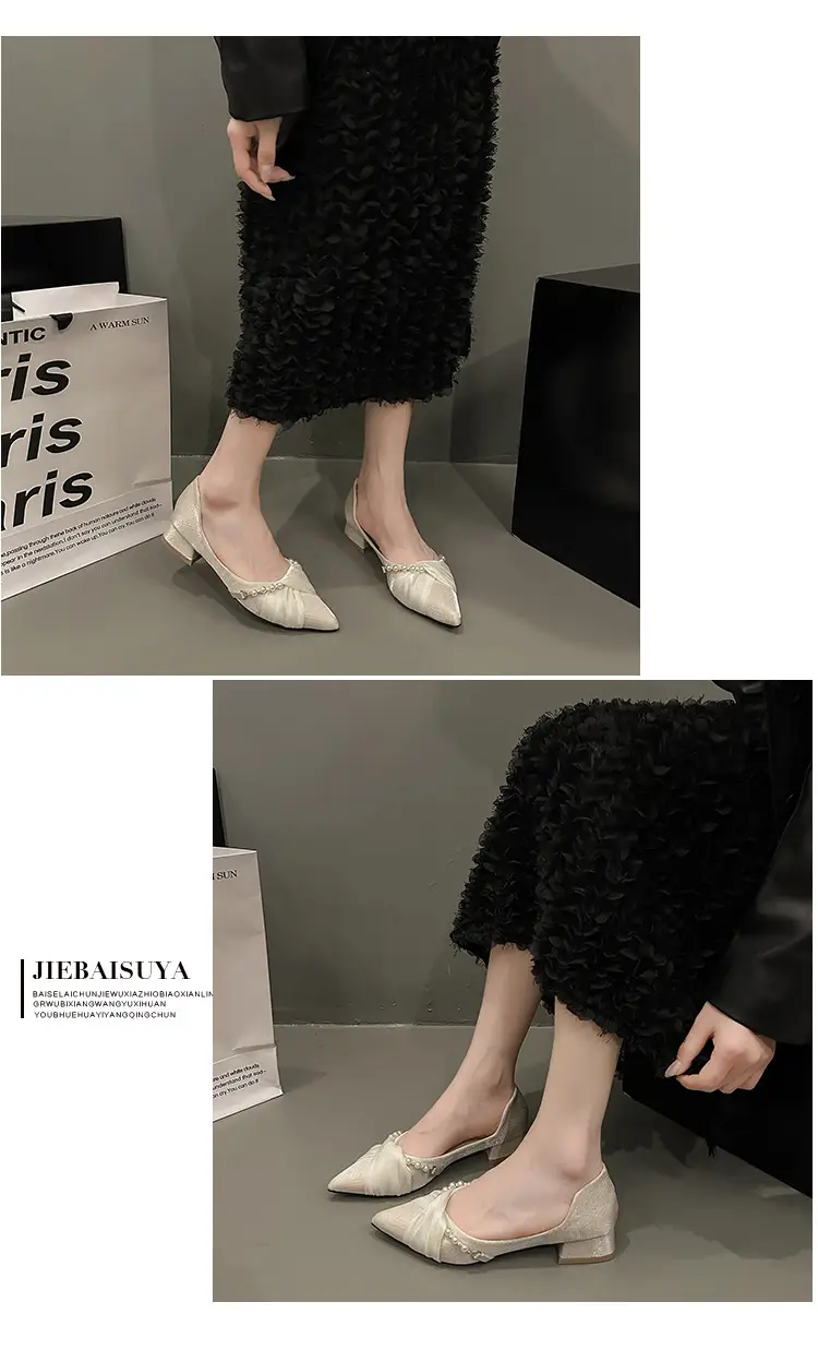 High Heels for Women 2025 Summer New Style Pointed Toe Thick Heel Fashionable Cut Out Gentle Pearl Bow Shallow Mouth Flats — feature 6