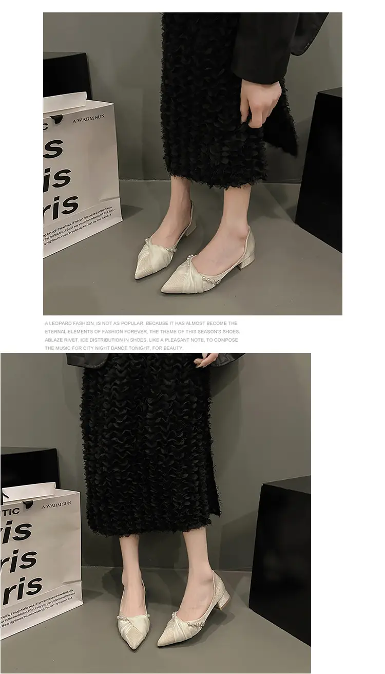High Heels for Women 2025 Summer New Style Pointed Toe Thick Heel Fashionable Cut Out Gentle Pearl Bow Shallow Mouth Flats — feature 9