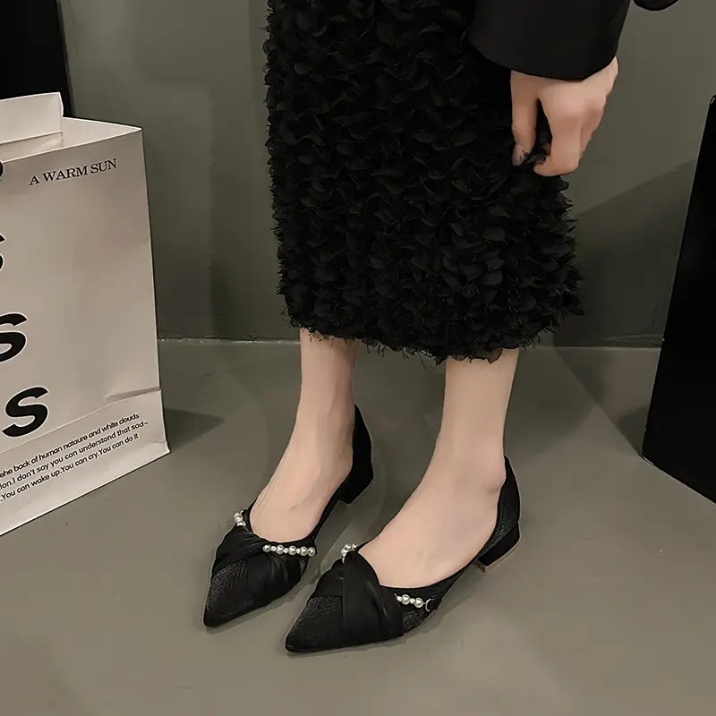 High Heels for Women 2025 Summer New Style Pointed Toe Thick Heel Fashionable Cut Out Gentle Pearl Bow Shallow Mouth Flats - Image 2