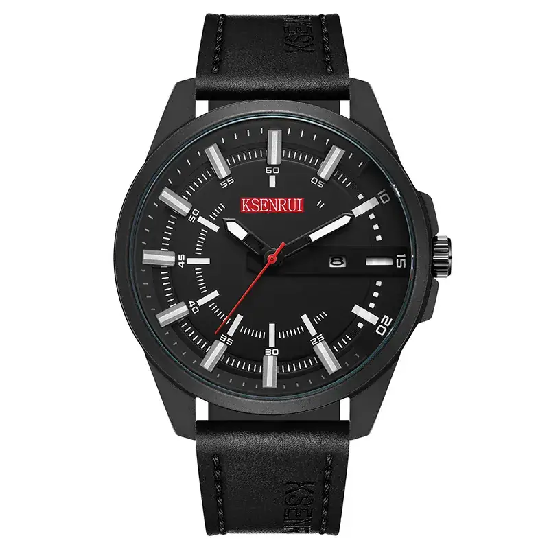 KSENRUI Black Leather Watch with Calendar Belt - Image 8