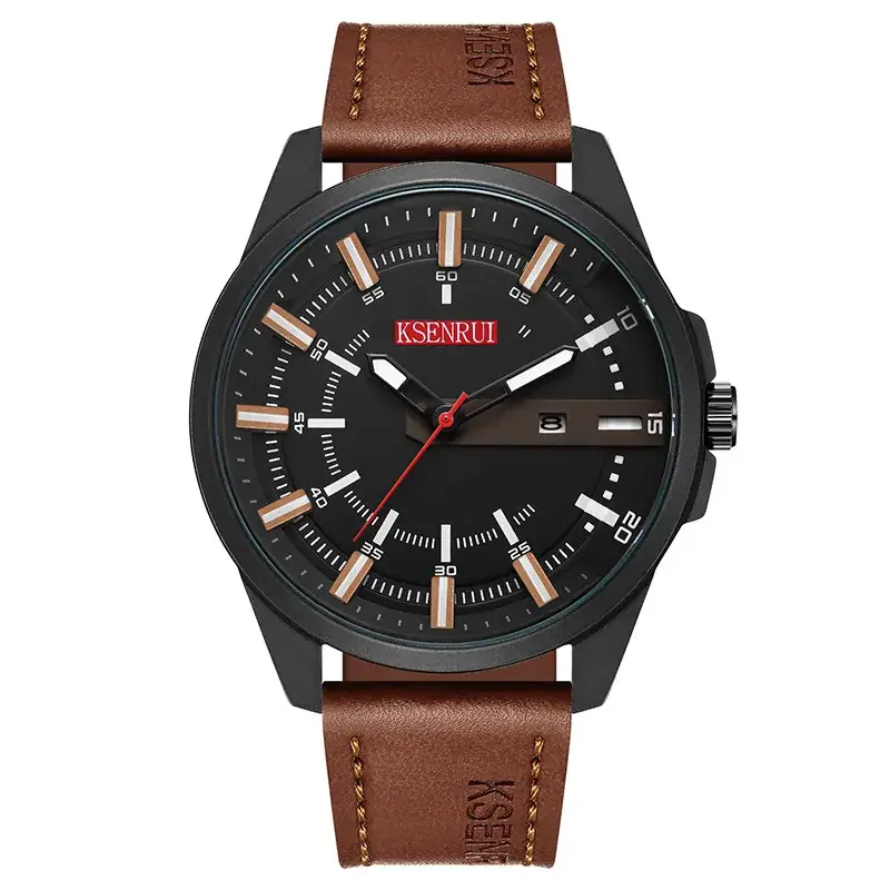 KSENRUI Black Leather Watch with Calendar Belt - Image 2