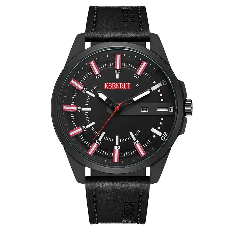 KSENRUI Black Leather Watch with Calendar Belt - Image 3