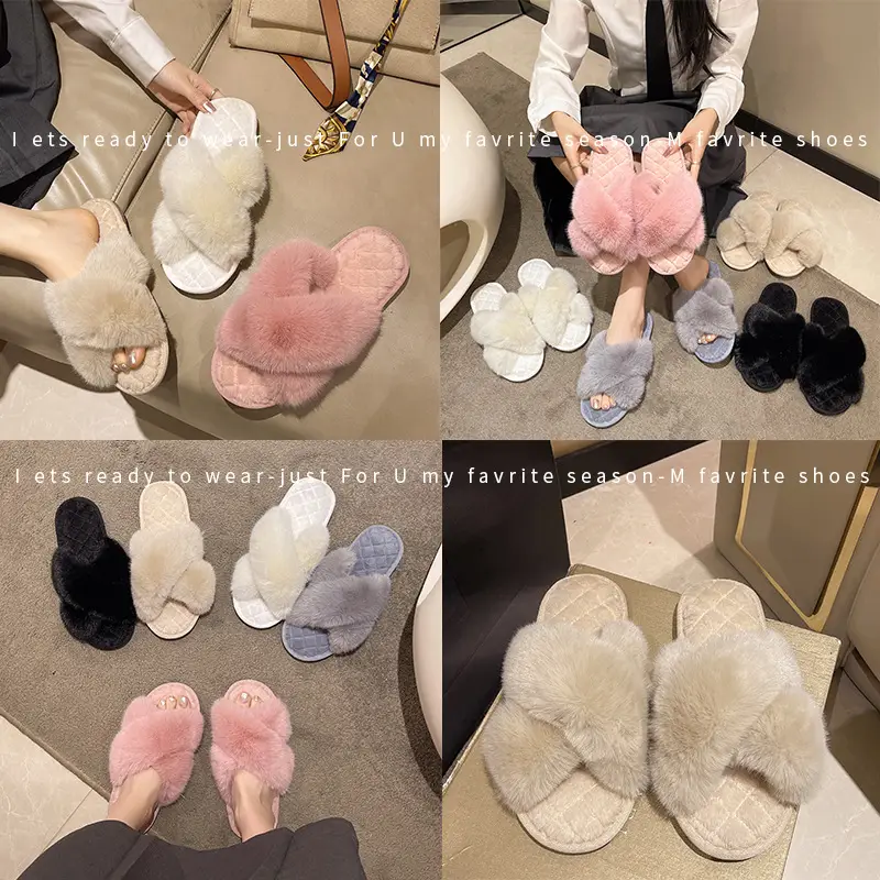 Amazon cross-border winter open slippers plush cross floor cotton slippers indoor home warm fluffy slippers