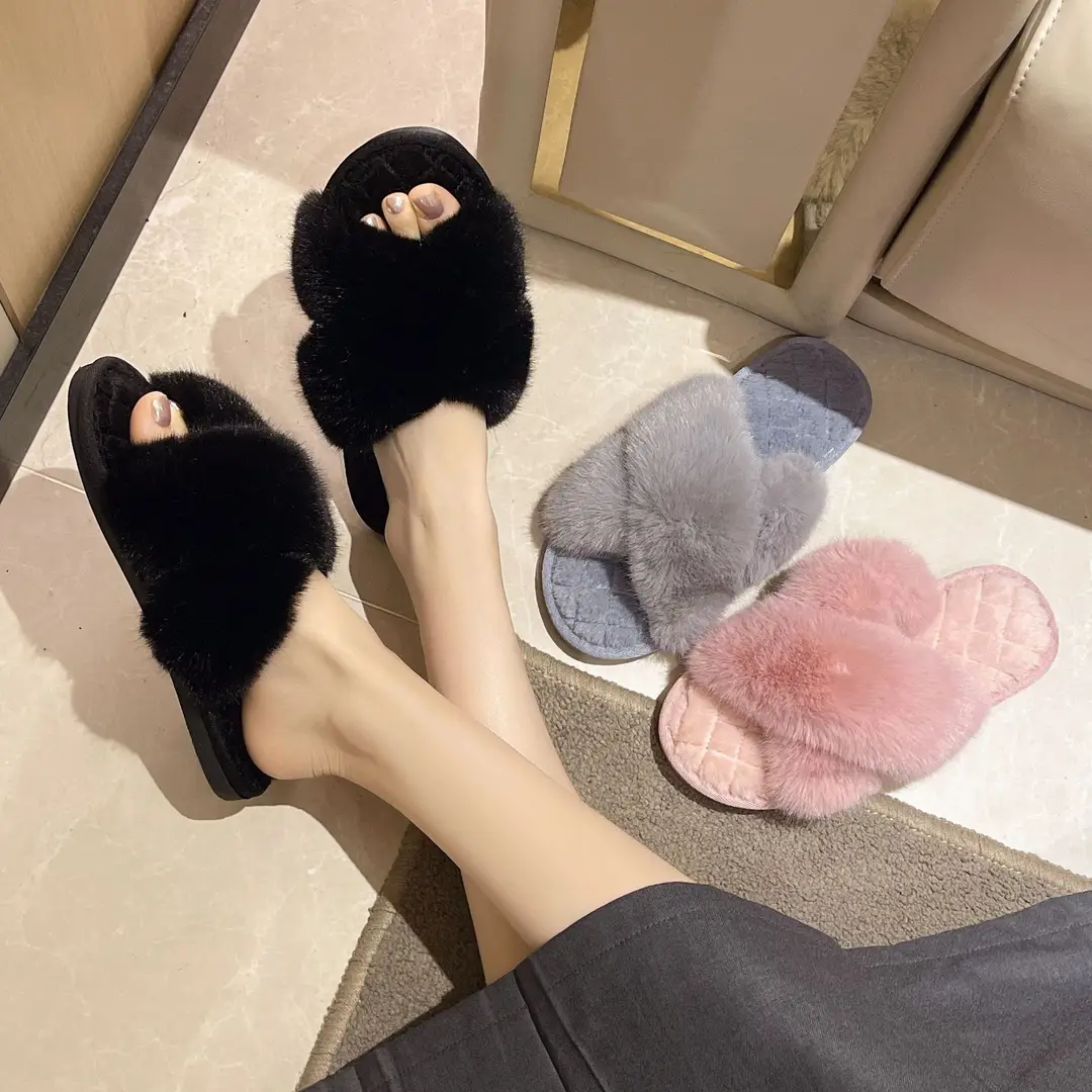 Amazon cross-border winter open slippers plush cross floor cotton slippers indoor home warm fluffy slippers