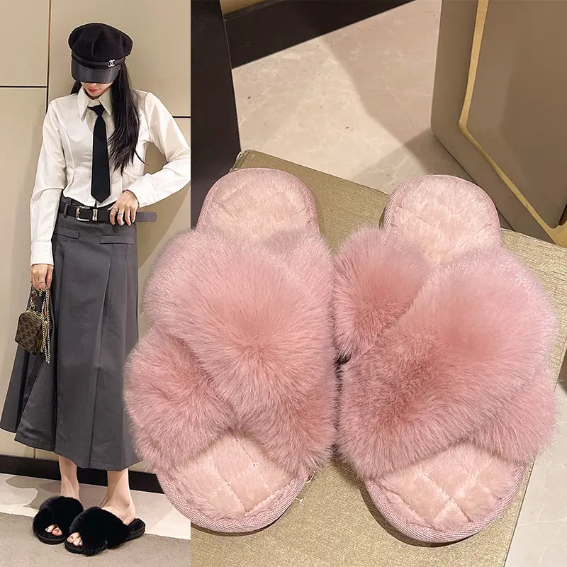 Amazon cross-border winter open slippers plush cross floor cotton slippers indoor home warm fluffy slippers