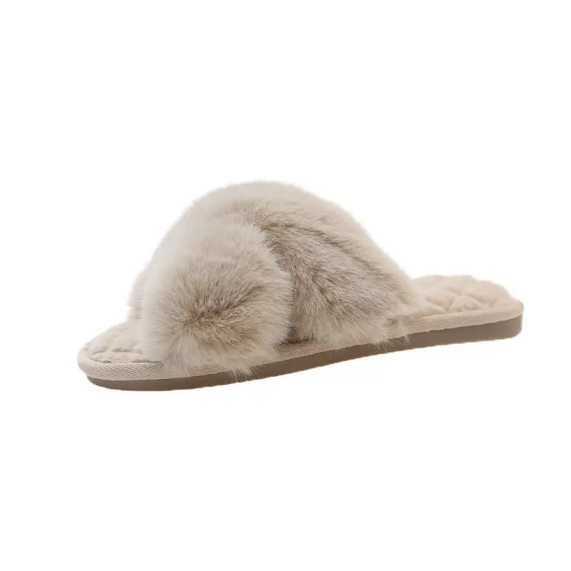 Amazon cross-border winter open slippers plush cross floor cotton slippers indoor home warm fluffy slippers