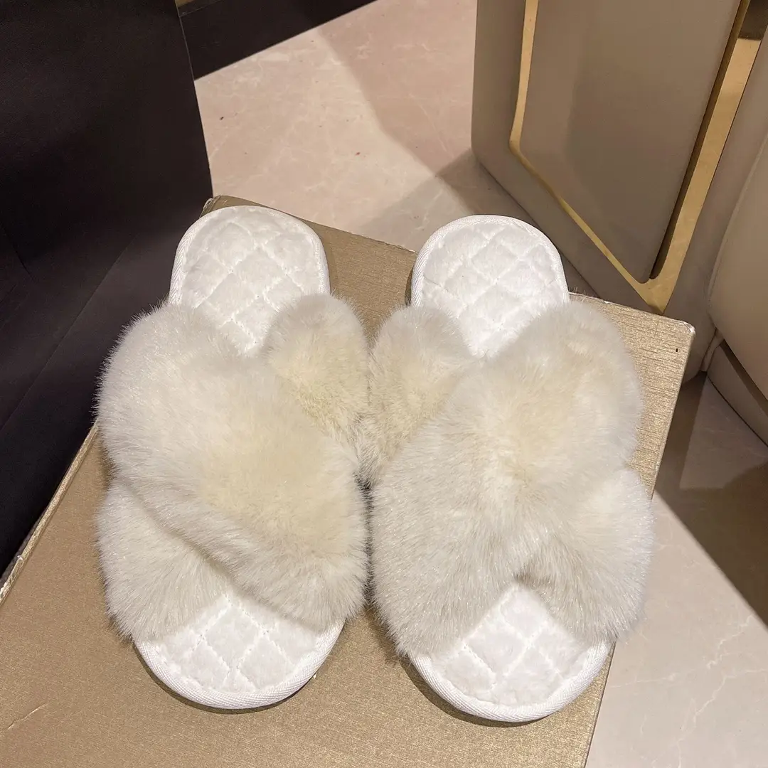 Amazon cross-border winter open slippers plush cross floor cotton slippers indoor home warm fluffy slippers