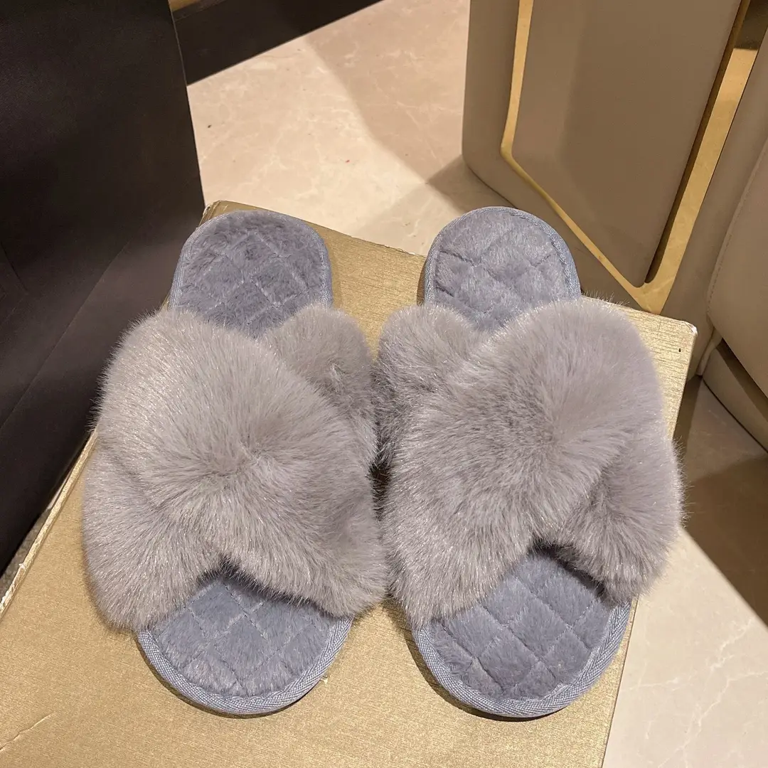Amazon cross-border winter open slippers plush cross floor cotton slippers indoor home warm fluffy slippers