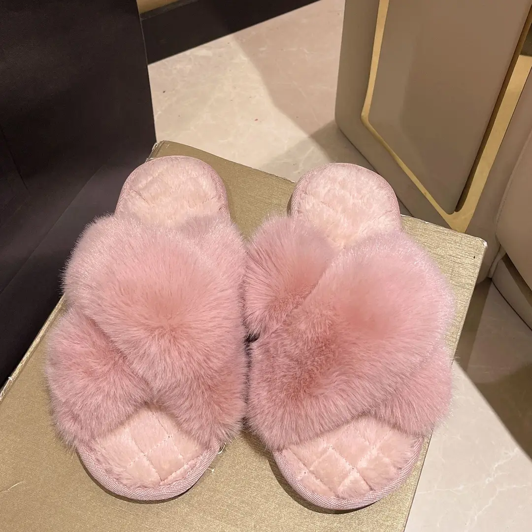 Amazon cross-border winter open slippers plush cross floor cotton slippers indoor home warm fluffy slippers
