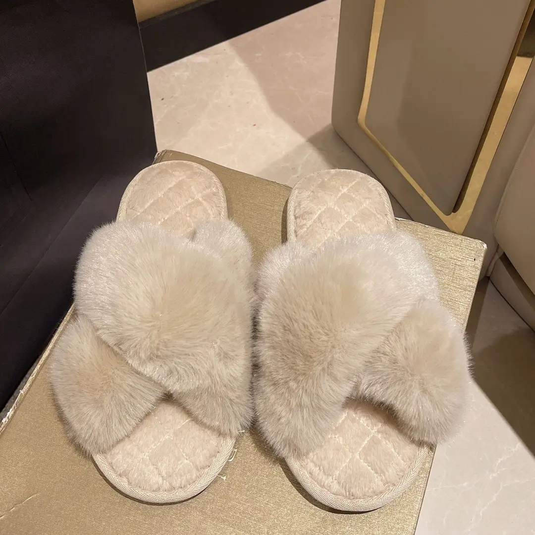 Amazon cross-border winter open slippers plush cross floor cotton slippers indoor home warm fluffy slippers