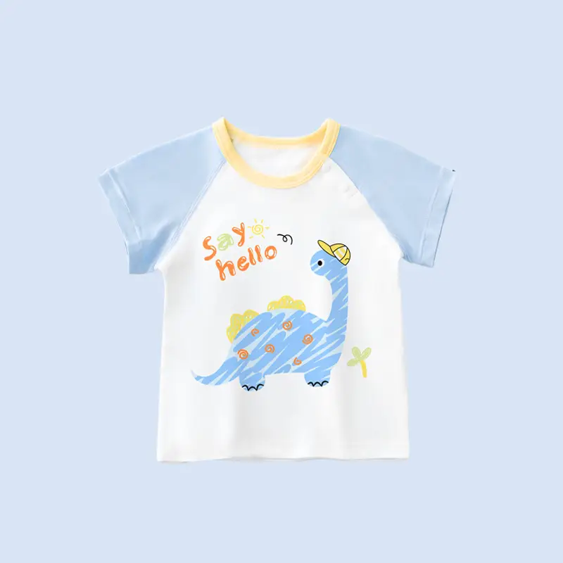 Baby Dinosaur Printed Cotton T-Shirt Blue White - Image 5