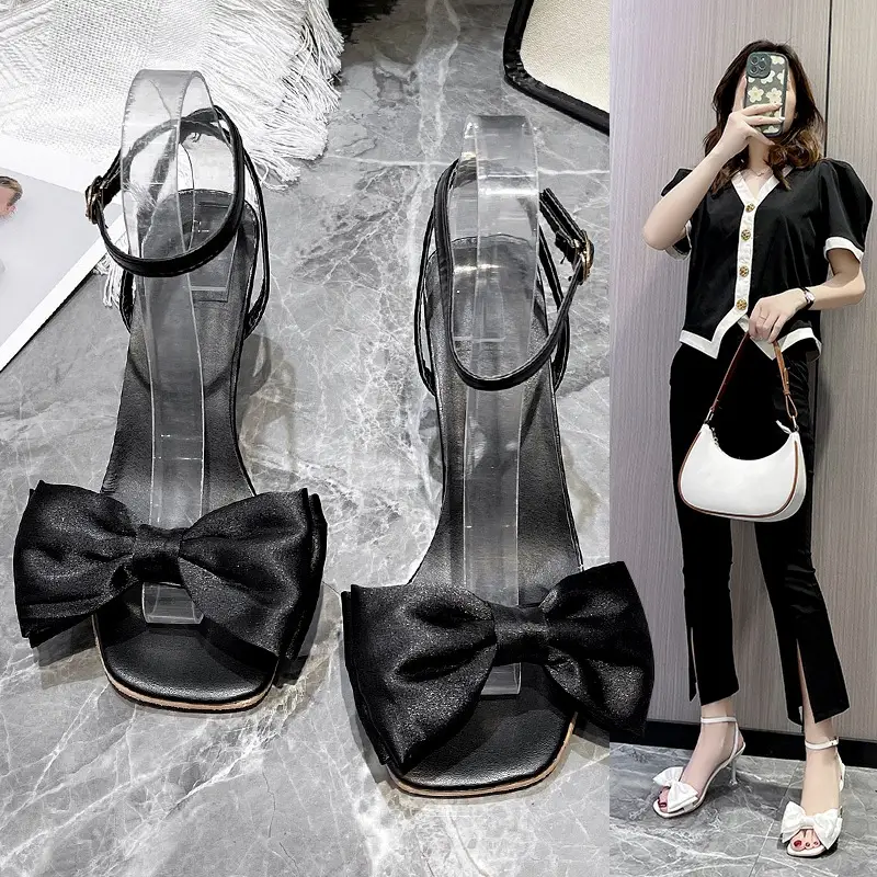High Heel Sandals for Women 2025 Summer New Stiletto Heel Square Toe with White Bow Open Toe High Heels for Women - Image 5