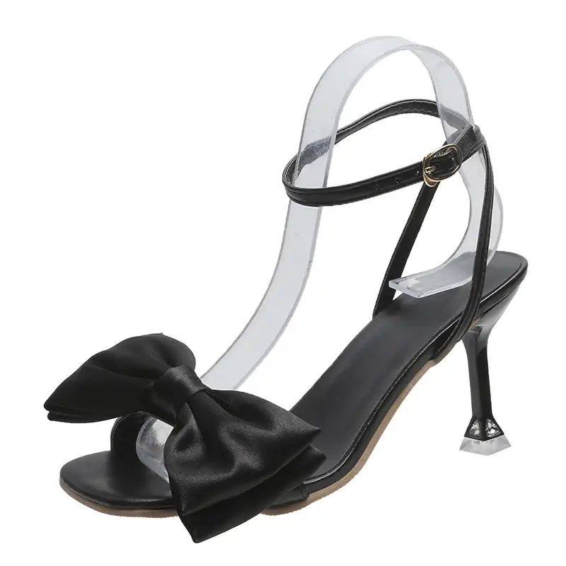 High Heel Sandals for Women 2025 Summer New Stiletto Heel Square Toe with White Bow Open Toe High Heels for Women - Image 7