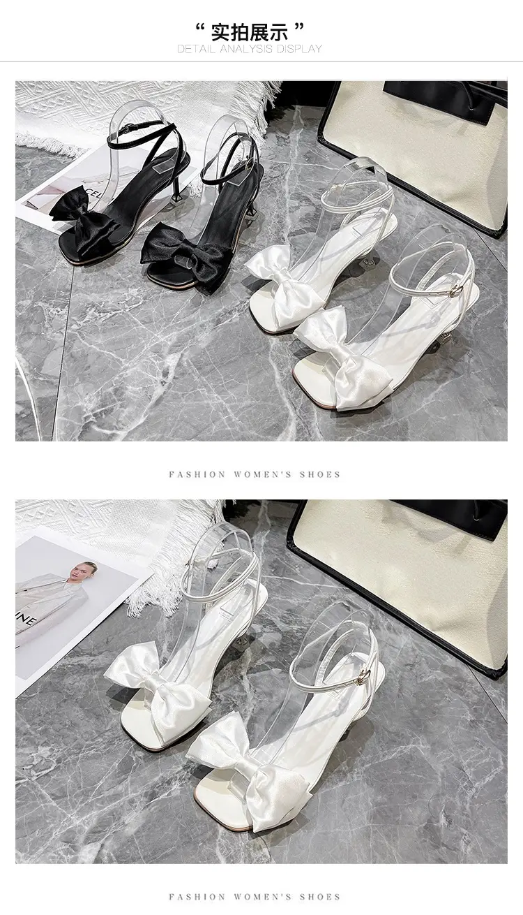 High Heel Sandals for Women 2025 Summer New Stiletto Heel Square Toe with White Bow Open Toe High Heels for Women — feature 10