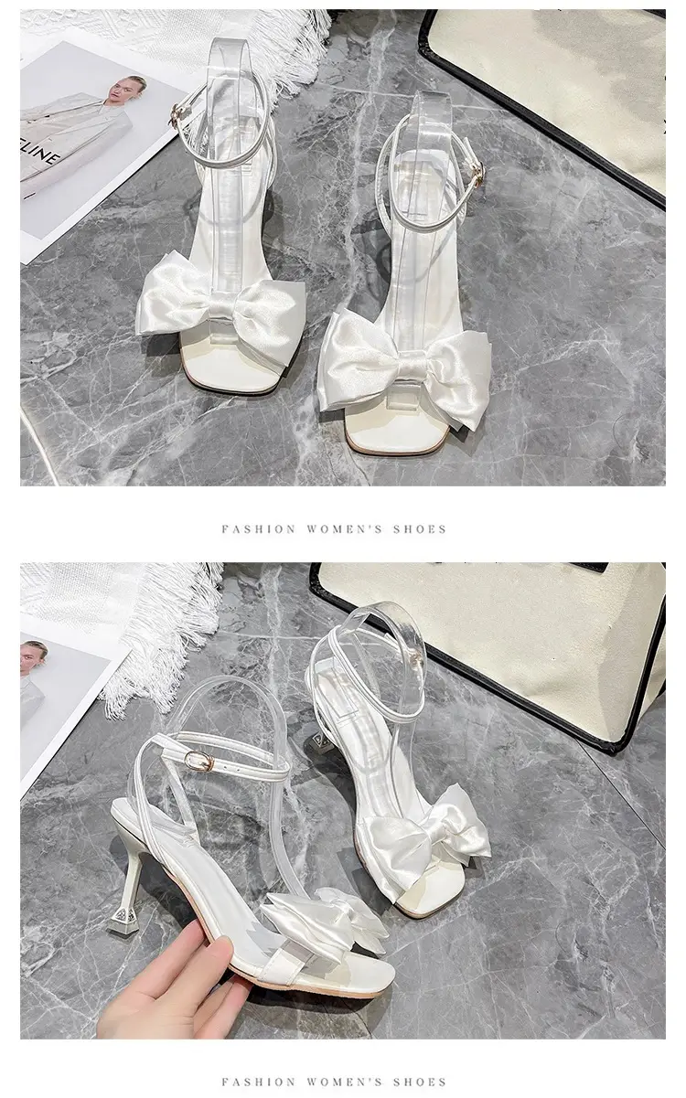 High Heel Sandals for Women 2025 Summer New Stiletto Heel Square Toe with White Bow Open Toe High Heels for Women — feature 11