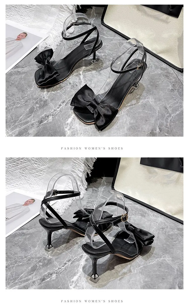 High Heel Sandals for Women 2025 Summer New Stiletto Heel Square Toe with White Bow Open Toe High Heels for Women — feature 12