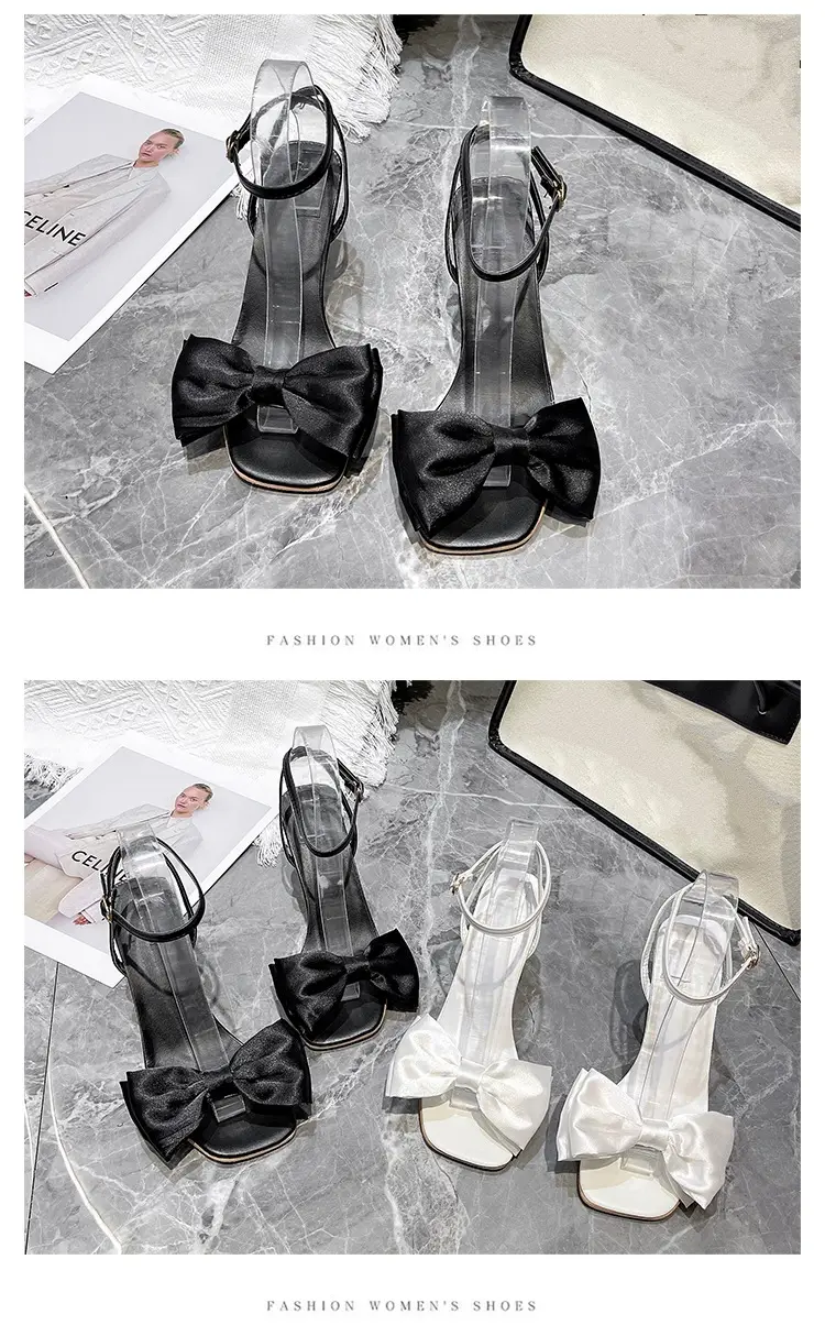 High Heel Sandals for Women 2025 Summer New Stiletto Heel Square Toe with White Bow Open Toe High Heels for Women — feature 13