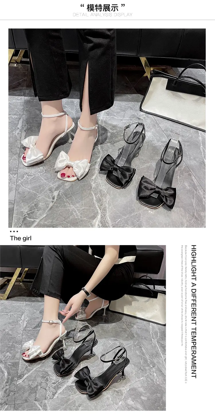 High Heel Sandals for Women 2025 Summer New Stiletto Heel Square Toe with White Bow Open Toe High Heels for Women — feature 4
