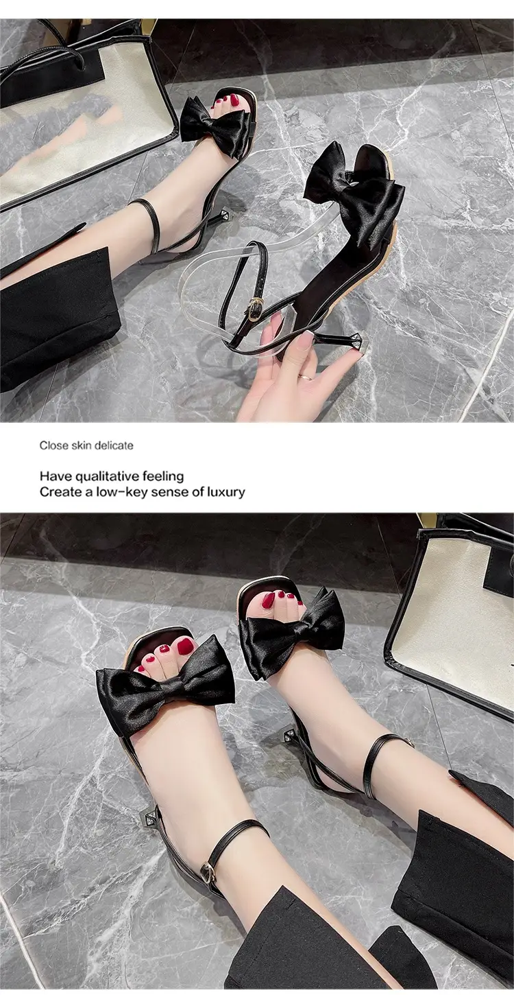High Heel Sandals for Women 2025 Summer New Stiletto Heel Square Toe with White Bow Open Toe High Heels for Women — feature 5