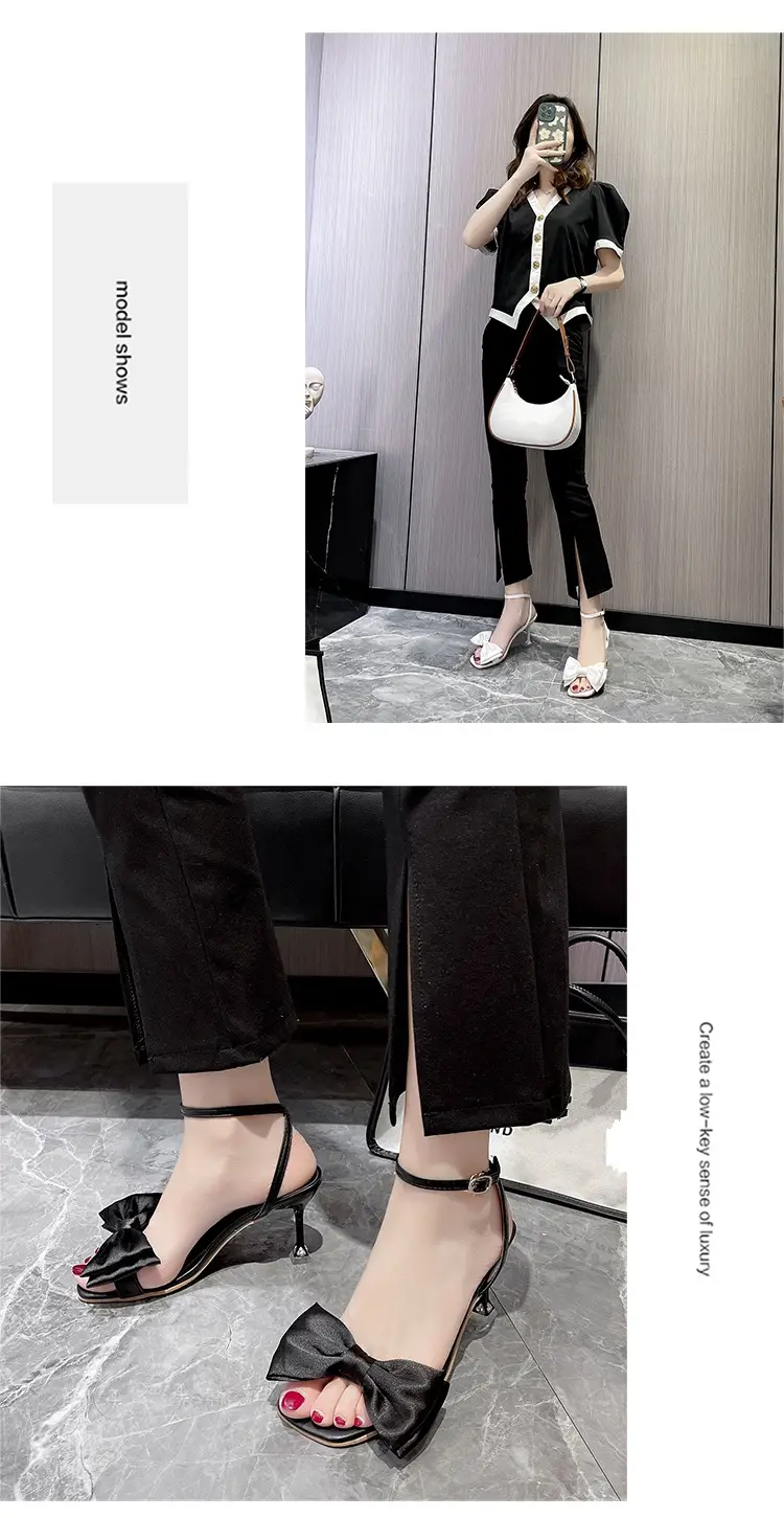High Heel Sandals for Women 2025 Summer New Stiletto Heel Square Toe with White Bow Open Toe High Heels for Women — feature 6