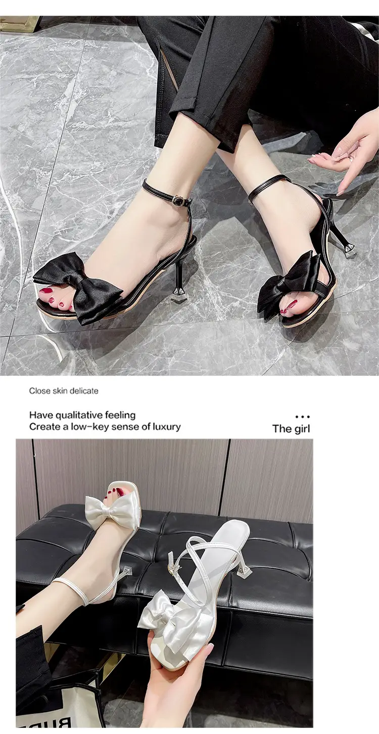 High Heel Sandals for Women 2025 Summer New Stiletto Heel Square Toe with White Bow Open Toe High Heels for Women — feature 7