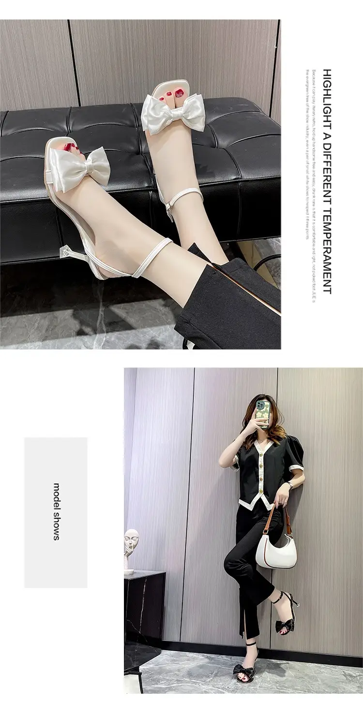High Heel Sandals for Women 2025 Summer New Stiletto Heel Square Toe with White Bow Open Toe High Heels for Women — feature 8
