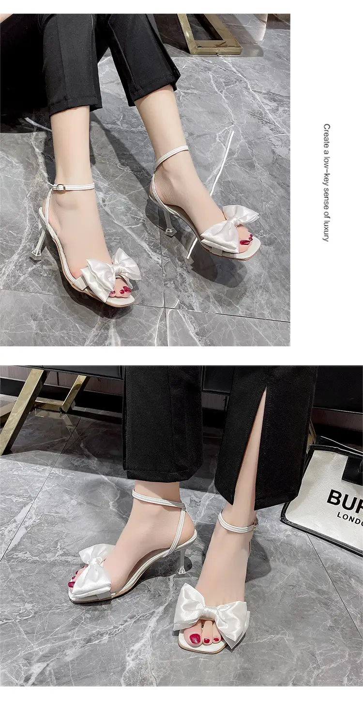 High Heel Sandals for Women 2025 Summer New Stiletto Heel Square Toe with White Bow Open Toe High Heels for Women — feature 9