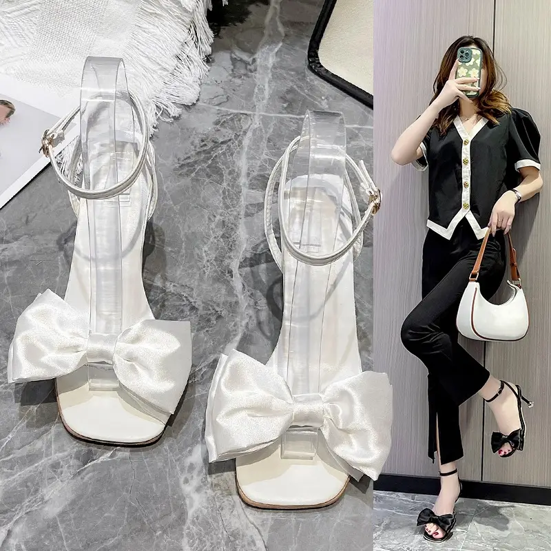 High Heel Sandals for Women 2025 Summer New Stiletto Heel Square Toe with White Bow Open Toe High Heels for Women - Image 2