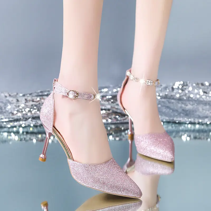 High Heels Women's 2025 Summer New Style Pointed Toe Shallow Mouth Stiletto Heel with Rhinestones Silver Bridal Wedding Shoes Sandals - Image 5