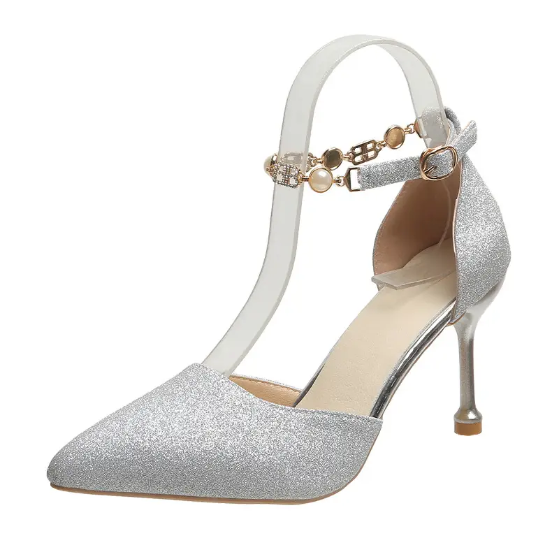 High Heels Women's 2025 Summer New Style Pointed Toe Shallow Mouth Stiletto Heel with Rhinestones Silver Bridal Wedding Shoes Sandals - Image 7