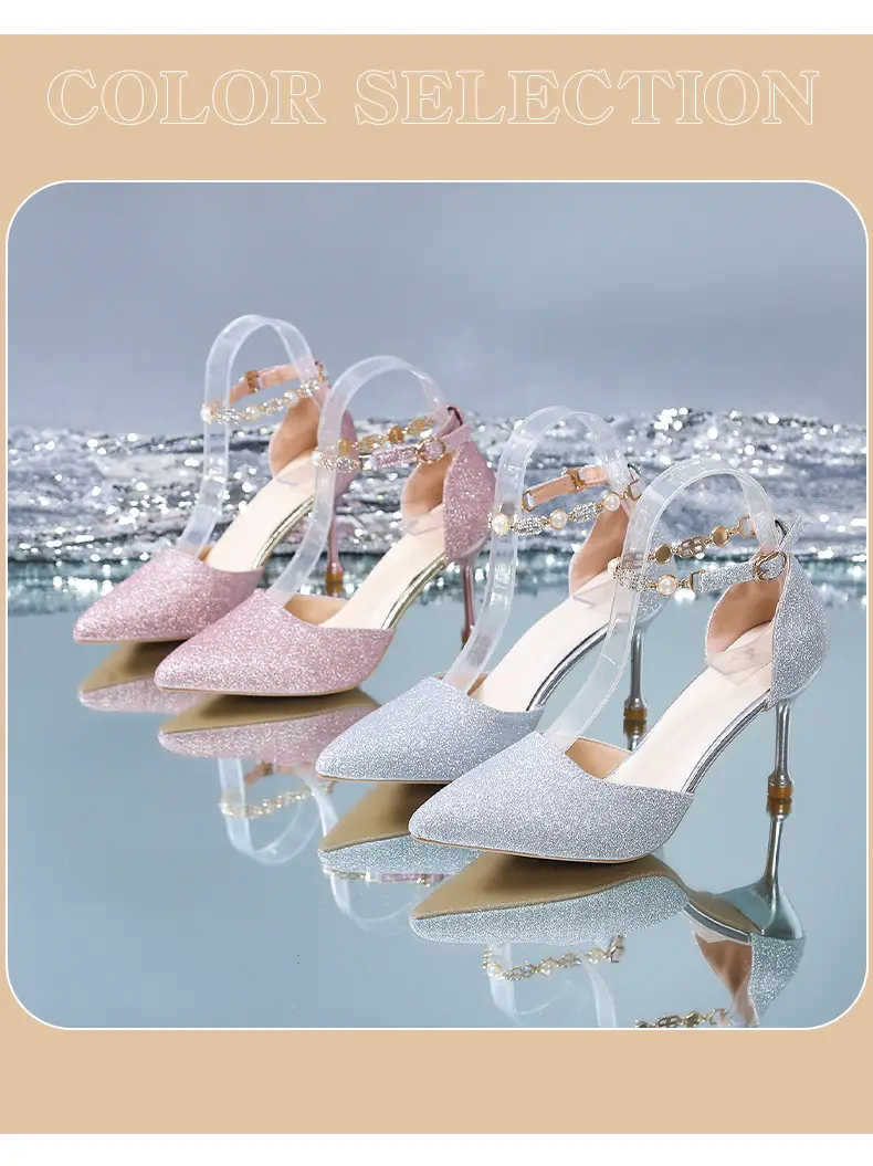 High Heels Women's 2025 Summer New Style Pointed Toe Shallow Mouth Stiletto Heel with Rhinestones Silver Bridal Wedding Shoes Sandals — feature 1