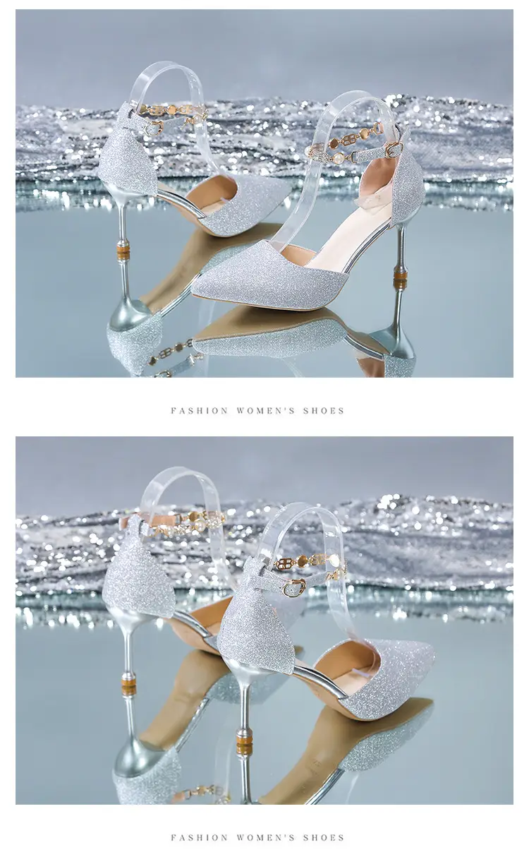 High Heels Women's 2025 Summer New Style Pointed Toe Shallow Mouth Stiletto Heel with Rhinestones Silver Bridal Wedding Shoes Sandals — feature 12