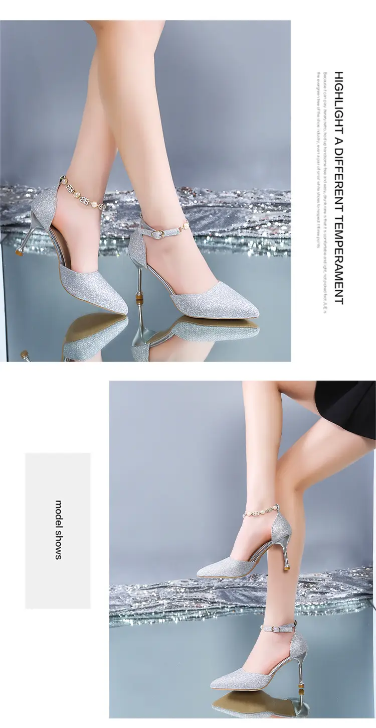 High Heels Women's 2025 Summer New Style Pointed Toe Shallow Mouth Stiletto Heel with Rhinestones Silver Bridal Wedding Shoes Sandals — feature 7