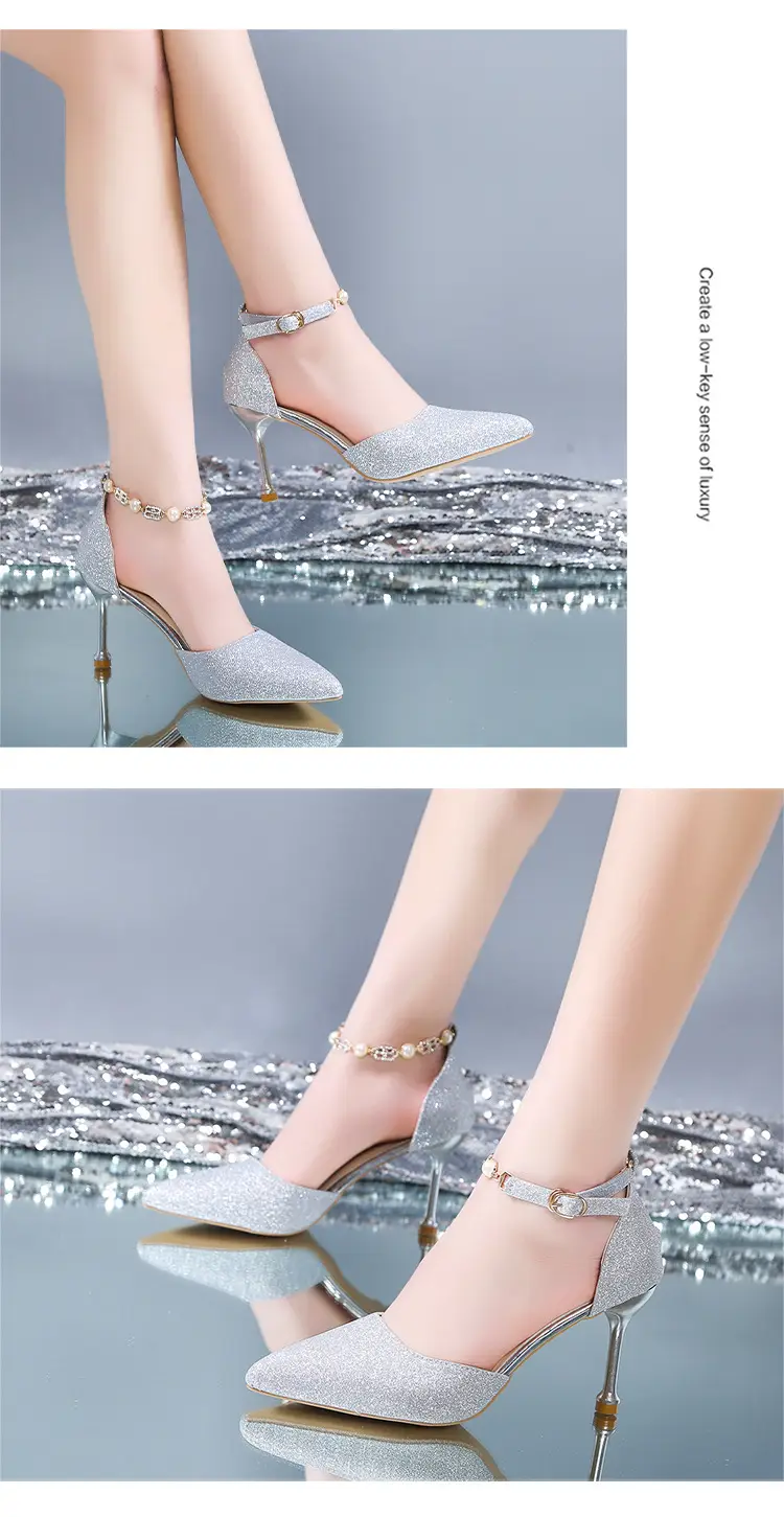 High Heels Women's 2025 Summer New Style Pointed Toe Shallow Mouth Stiletto Heel with Rhinestones Silver Bridal Wedding Shoes Sandals — feature 8