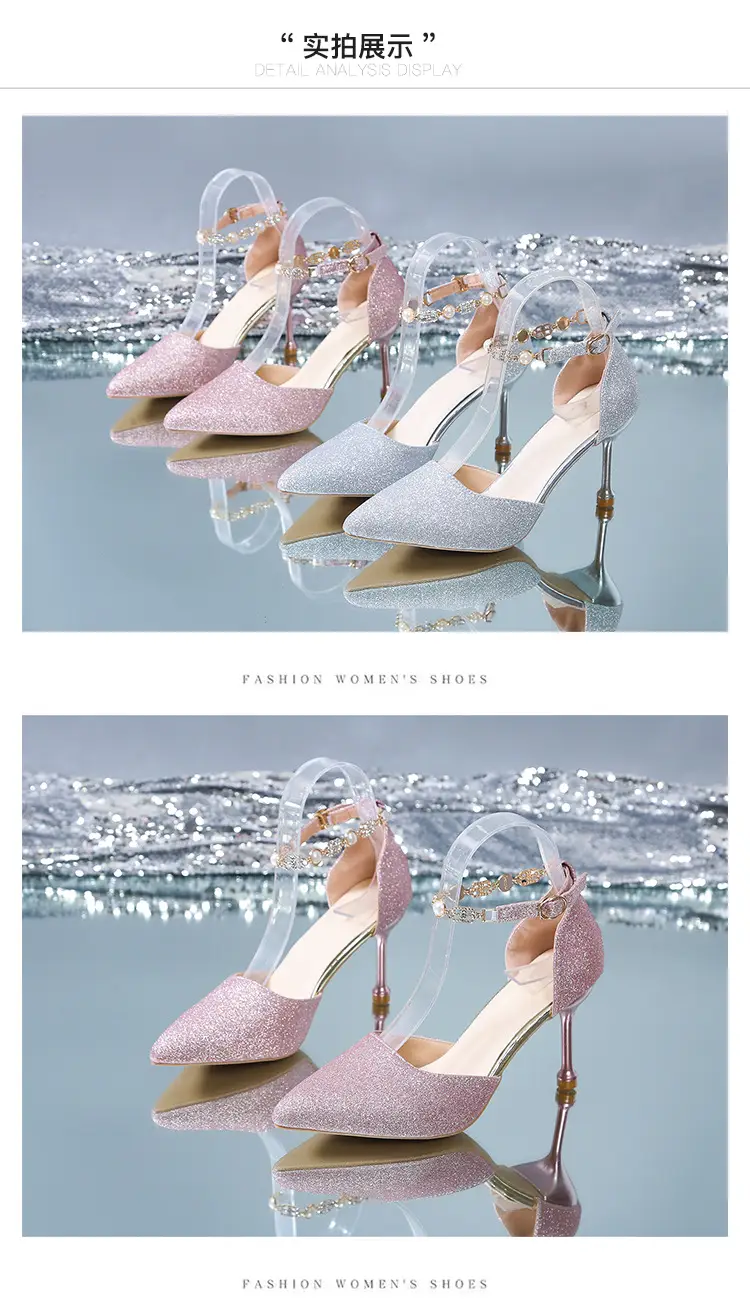 High Heels Women's 2025 Summer New Style Pointed Toe Shallow Mouth Stiletto Heel with Rhinestones Silver Bridal Wedding Shoes Sandals — feature 9