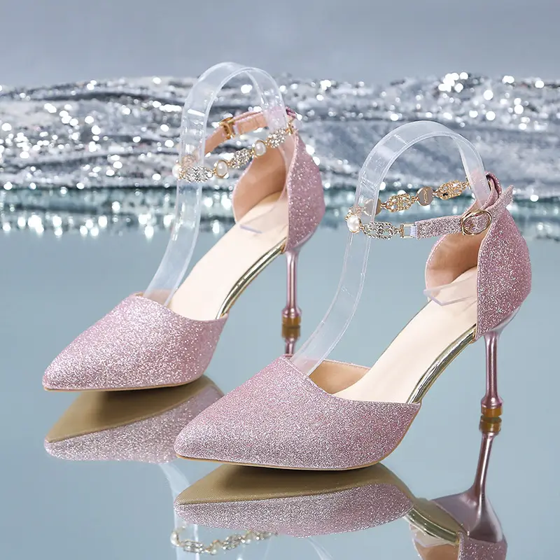High Heels Women's 2025 Summer New Style Pointed Toe Shallow Mouth Stiletto Heel with Rhinestones Silver Bridal Wedding Shoes Sandals - Image 2