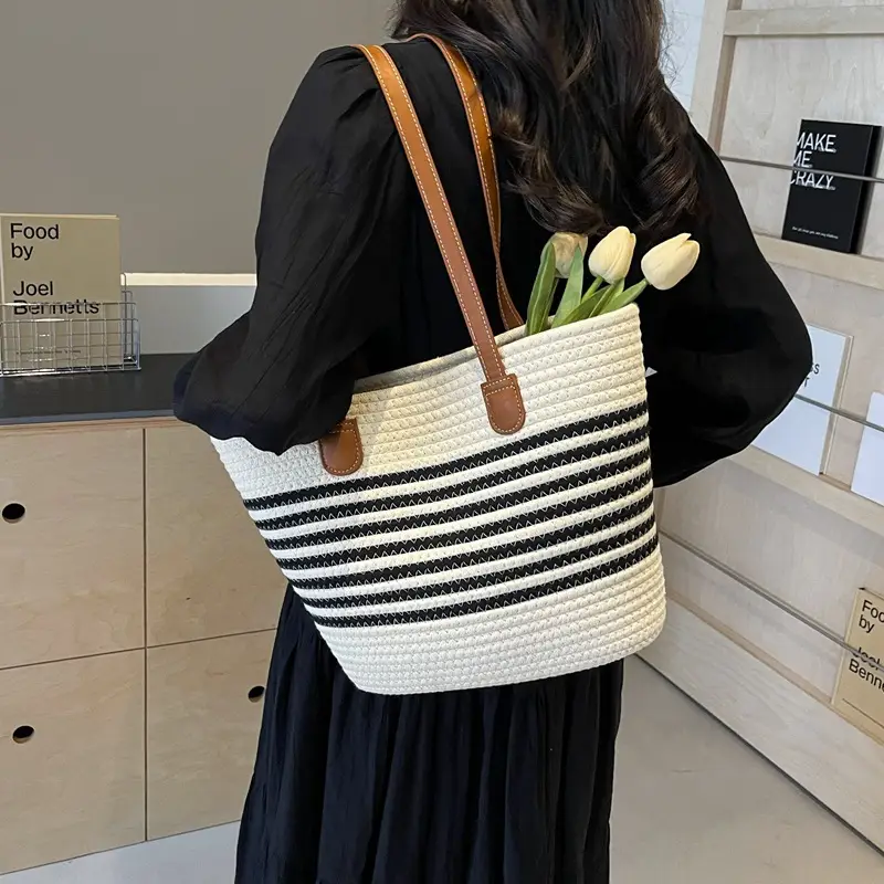 Women's Woven Striped Shoulder Bag Large Capacity