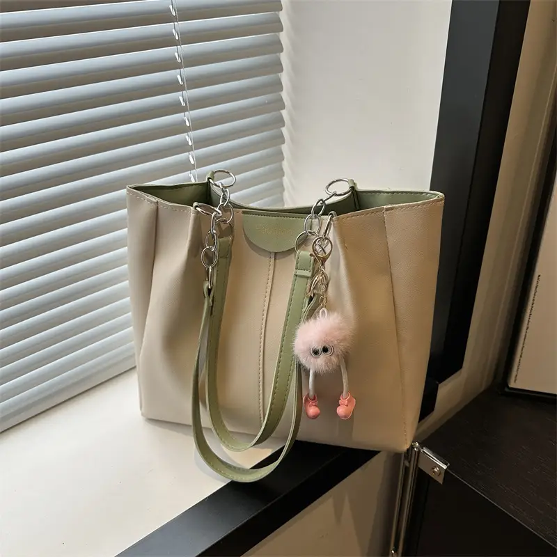 Women's Large Capacity Shoulder Bag with Green Strap - Image 7